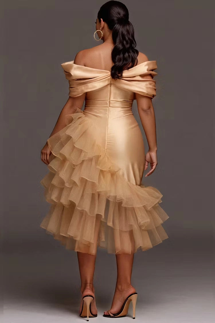 Roselledress gold satin party dress off shoulder back zipper layered tulle ruffle bodycon midi formal dress back view