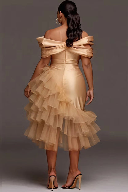 Roselledress gold satin party dress off shoulder back zipper layered tulle ruffle bodycon midi formal dress back view