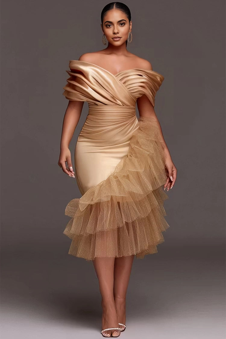 Roselledress champagne off shoulder satin midi dress ruched waist asymmetrical glitter tulle ruffle cocktail gown front view