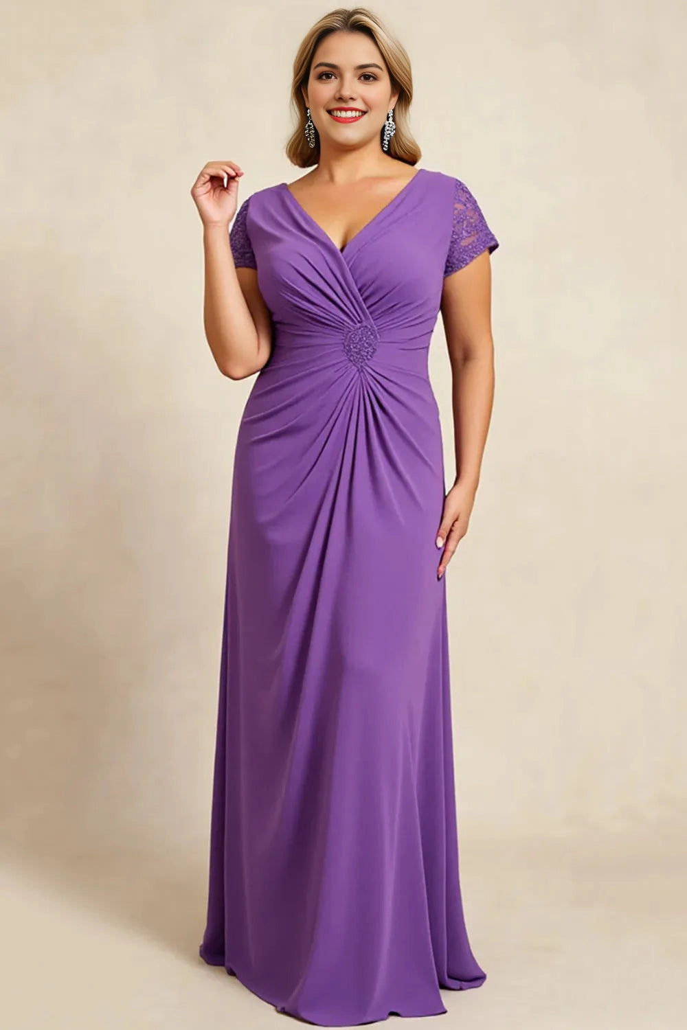 Roselledress purple jersey plus size mother of the bride dress front view,v‑neck lace short sleeve sheath formal gown
