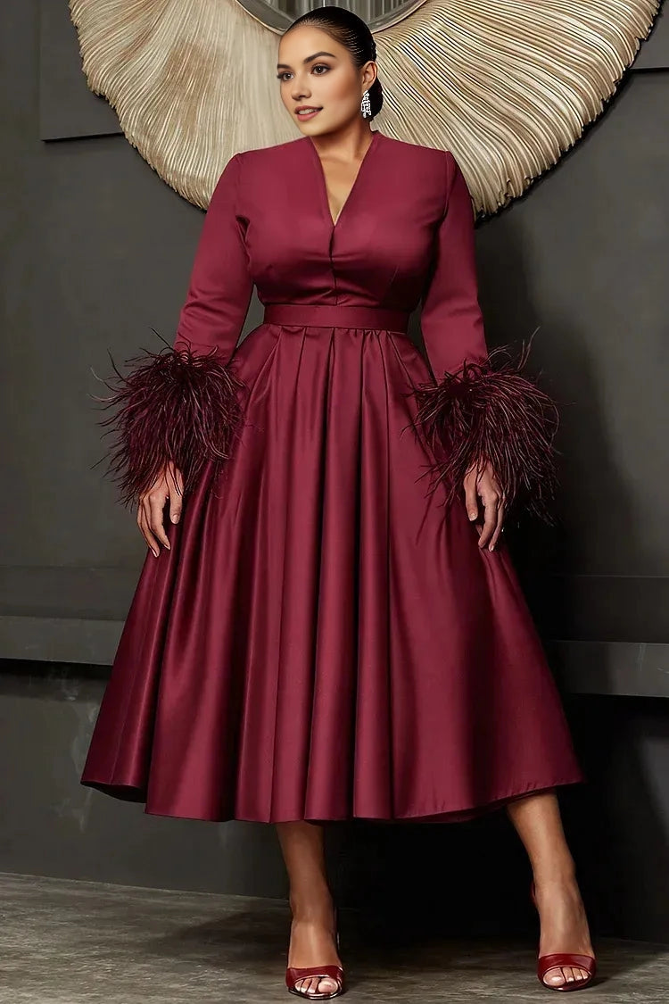 Roselledress burgundy plus size wedding guest dress v neck long feather cuff sleeve satin a‑line midi gown front view