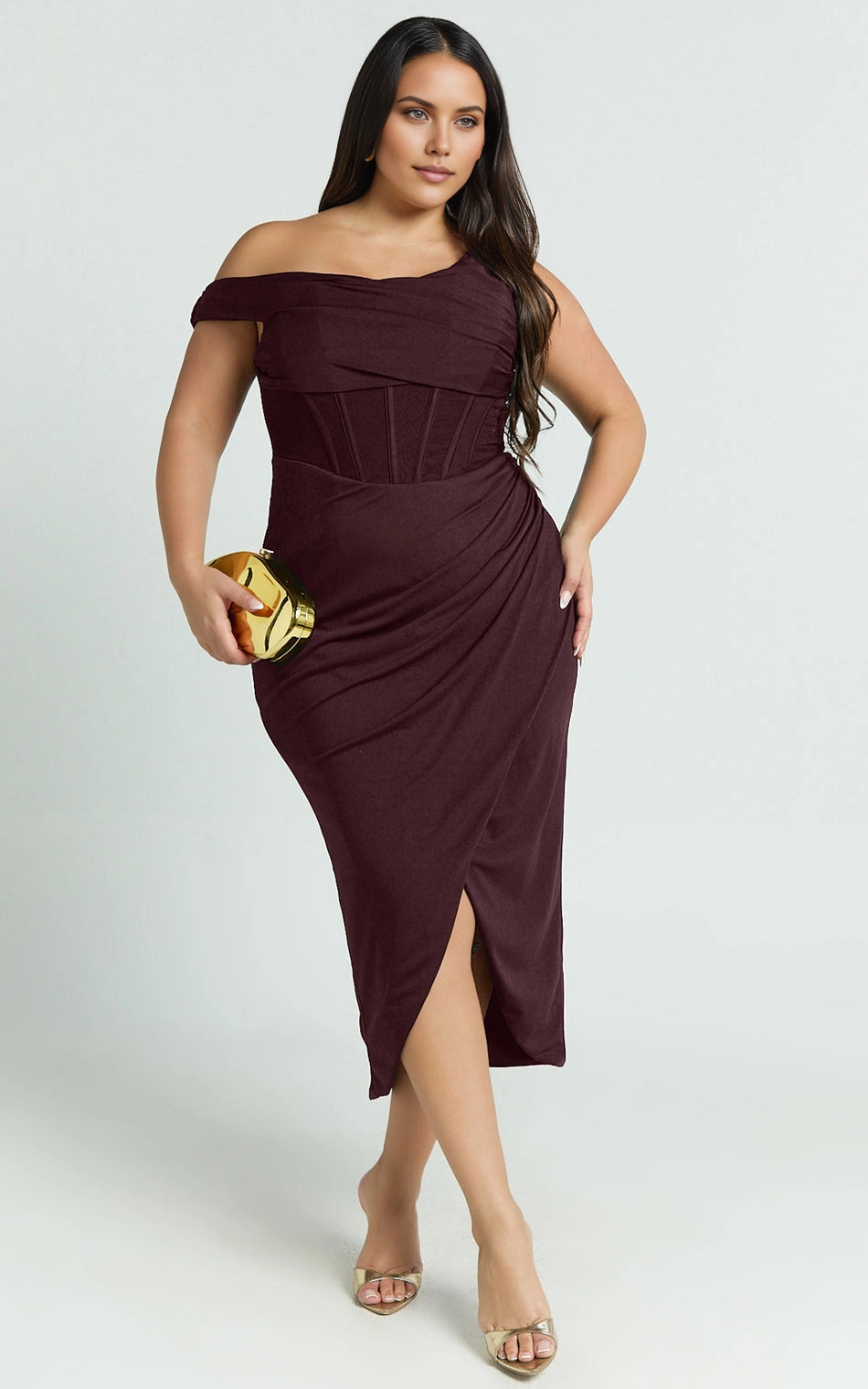 Roselledress burgundy plus size prom dress,sheath asymmetric off‑shoulder sleeveless corset bodice wrap slit midi formal gown