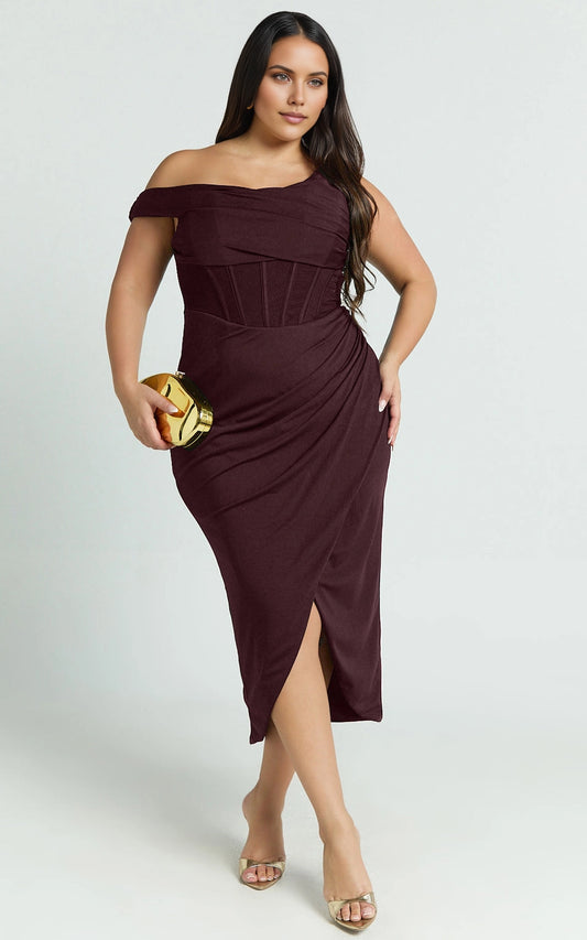 Roselledress burgundy plus size prom dress,sheath asymmetric off‑shoulder sleeveless corset bodice wrap slit midi formal gown