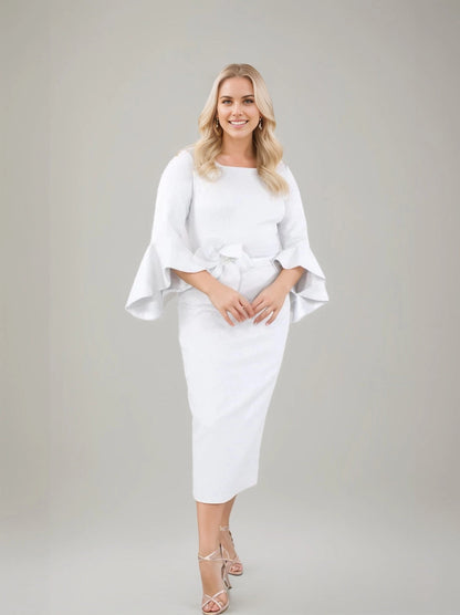 Roselledress white plus size wedding guest dress,sheath square neck flare sleeve midi formal cocktail gown