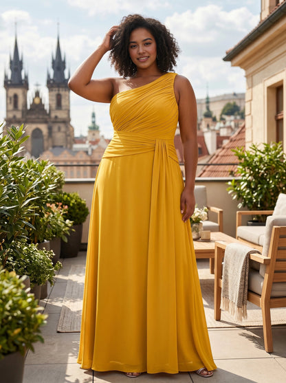 Roselledress champagne gold plus size bridesmaid dress one shoulder ruched chiffon a line gown front view