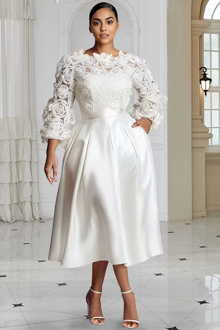 Roselledress white plus size midi dress round neck sheer 3D rose floral 3/4 sleeve satin gown with pockets front view