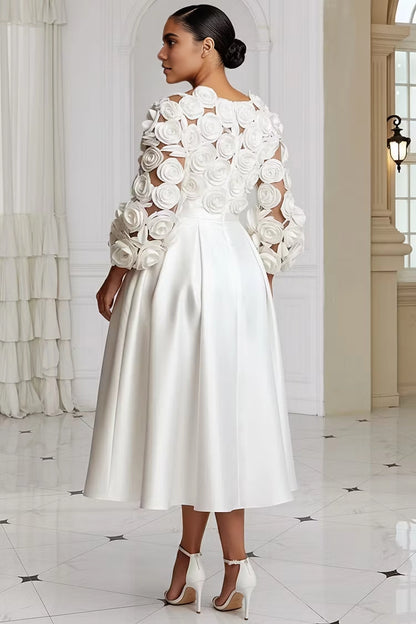 Roselledress short wedding midi dress illusion floral back zipper plus size satin formal party dress back view