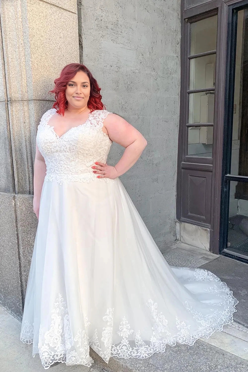 Roselledress plus size A‑line wedding dress v neck cap sleeve lace hem long train bridal gown outdoor city wedding