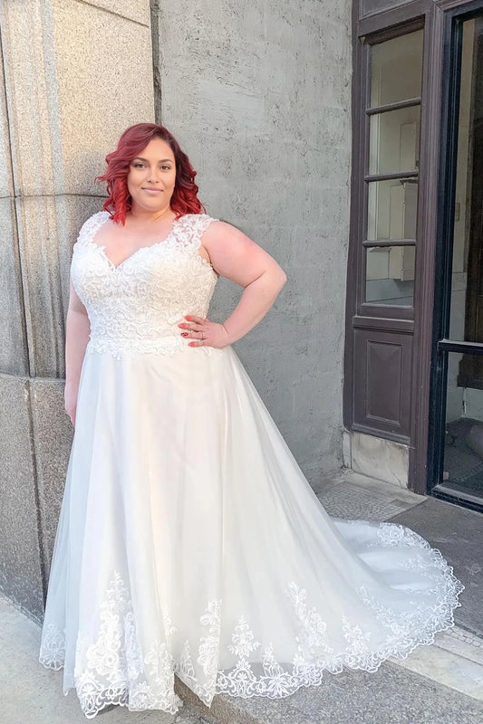 Roselledress plus size A‑line wedding dress v neck cap sleeve lace hem long train bridal gown outdoor city wedding