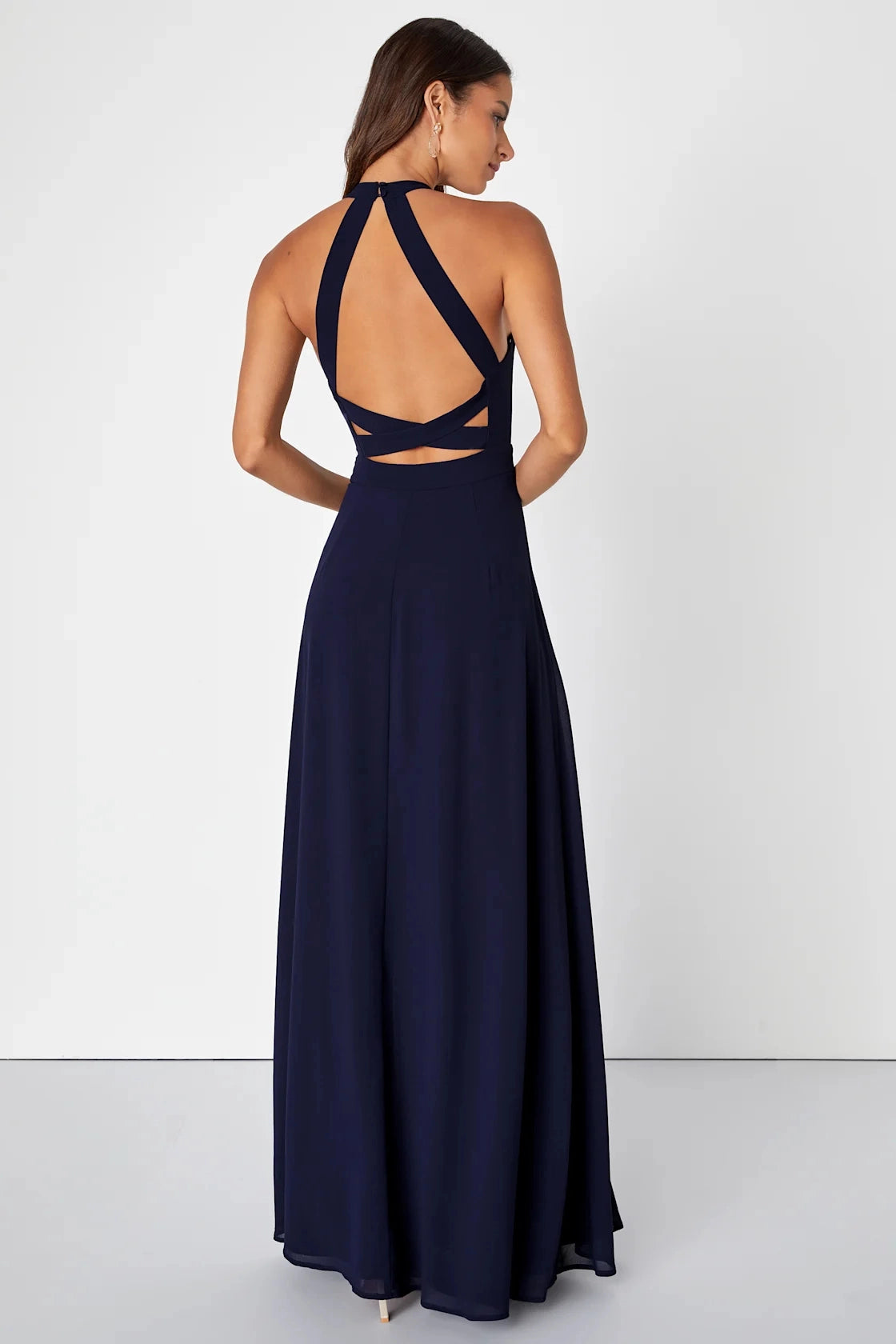 Back view RoselleDress halter cross open back chiffon gown floor length wedding guest maxi dress