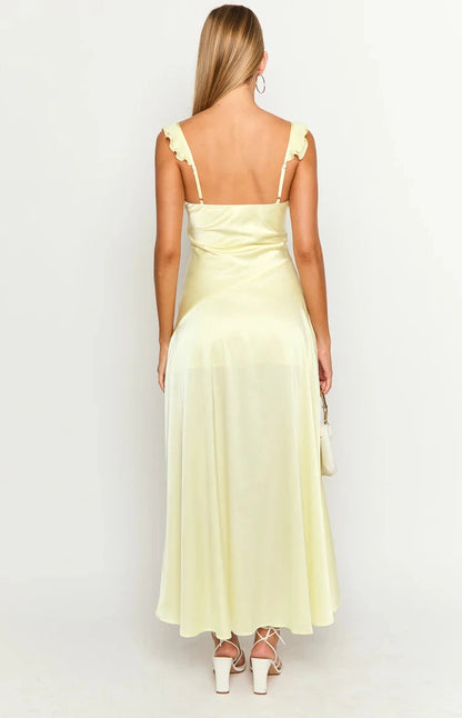 Elegant Midi V Ruffle Strap Plain Back Prom Dress