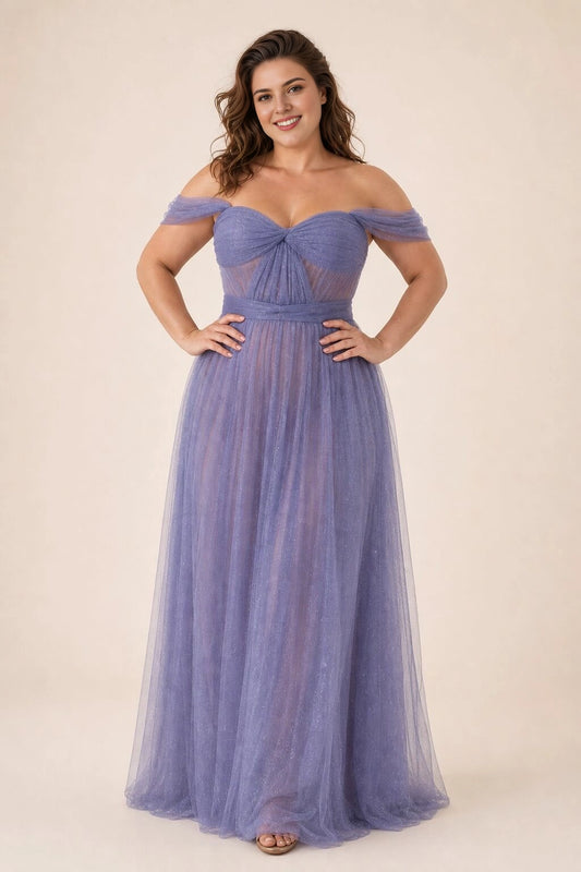 Roselledress lavender plus size prom dress off shoulder twist bodice glitter tulle a line gown front view