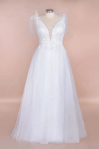 Roselledress plus size a‑line wedding dress deep v neck tulle bow strap sequin tulle bridal gown