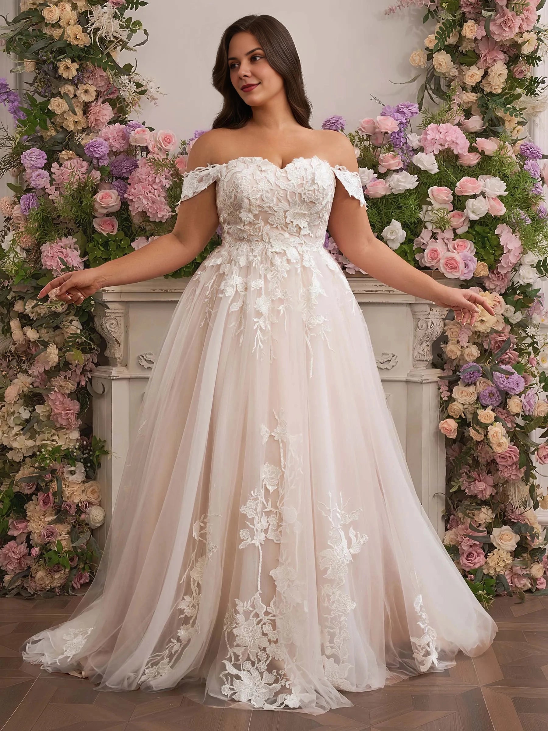 Roselledress plus size a‑line wedding dress off‑the‑shoulder short sleeve blush lace court train bridal gown