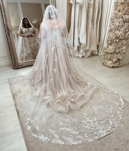 Roselledress plus size A‑line wedding dress v neck long sleeve nude tulle lace applique bridal gown