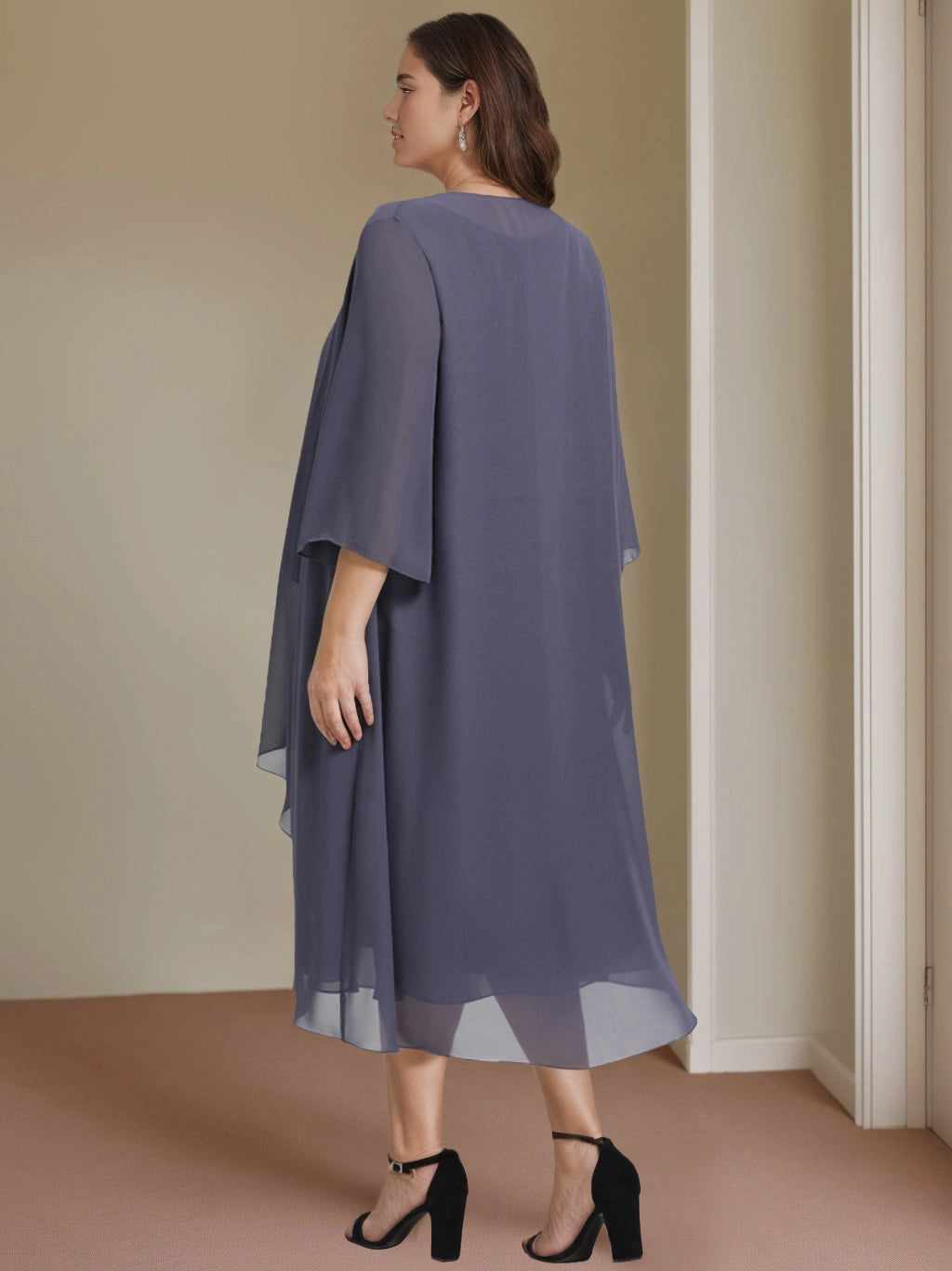 Back view RoselleDress dusty blue chiffon jacket midi dress set open back lightweight plus size wedding guest outfit
