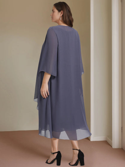Back view RoselleDress dusty blue chiffon jacket midi dress set open back lightweight plus size wedding guest outfit