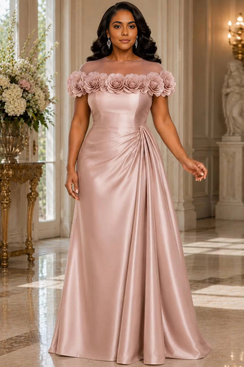 RoselleDress dusty rose plus size mother of the bride dress illusion mesh neck 3D floral applique ruched satin a-line formal gown