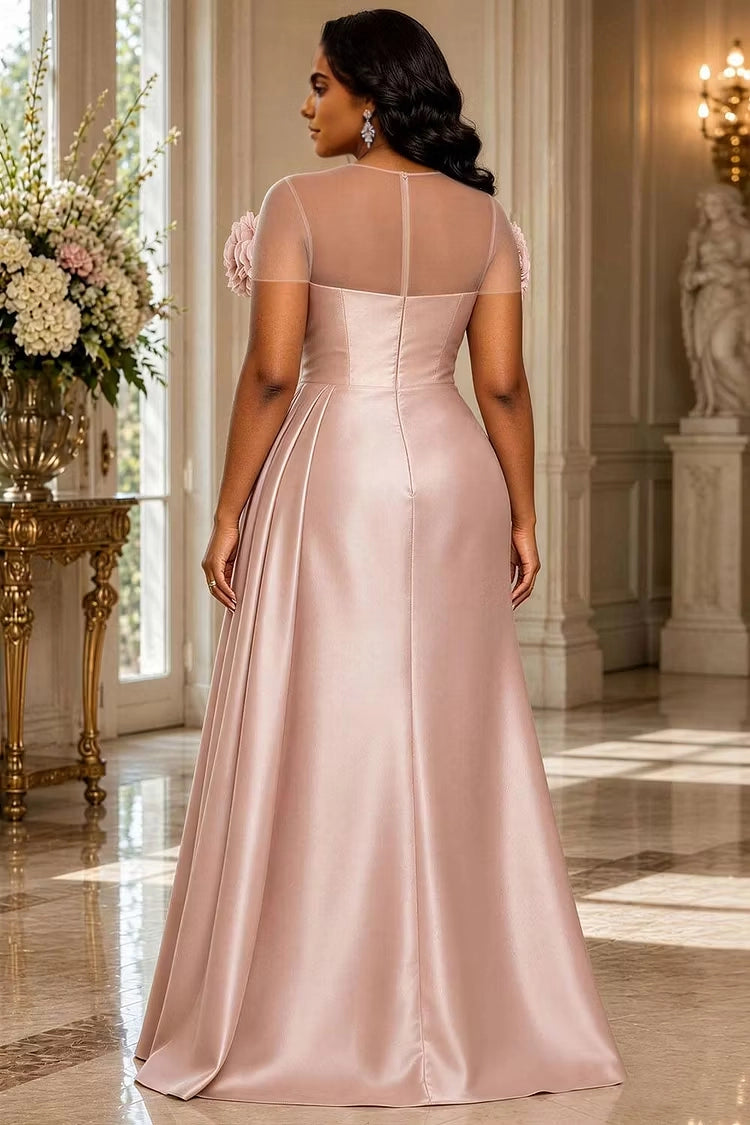 Back view RoselleDress dusty rose satin maxi dress sheer mesh back short sleeve elegant plus size wedding guest evening dress