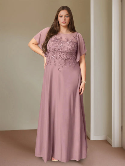 RoselleDress dusty rose plus size mother of the bride dress round neck floral applique flutter sleeve chiffon formal gown