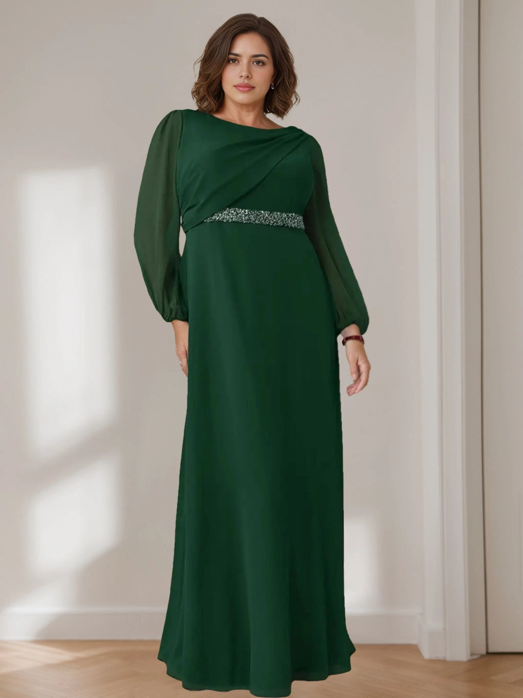 Roselledress dark green plus size mother of the bride chiffon dress beaded waistband flounce long sleeves gown with pockets front view