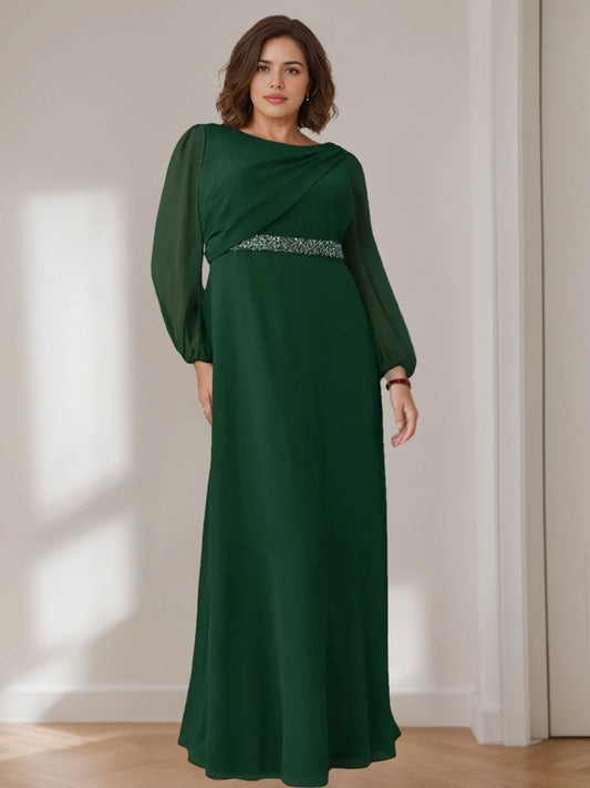 Roselledress dark green plus size mother of the bride chiffon dress beaded waistband flounce long sleeves gown with pockets front view
