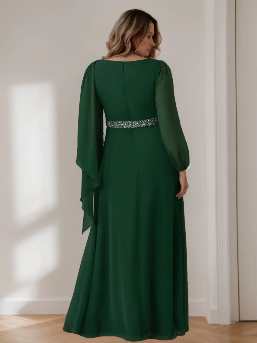 Roselledress emerald green formal plus size long dress boat neck zipper back sheer flounce sleeve mother gown back view