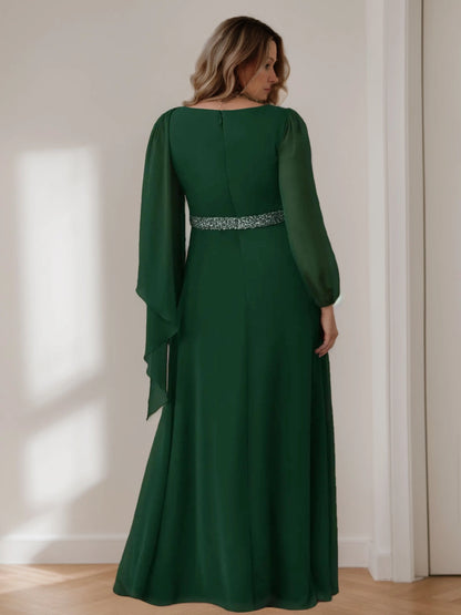 Roselledress emerald green formal plus size long dress boat neck zipper back sheer flounce sleeve mother gown back view
