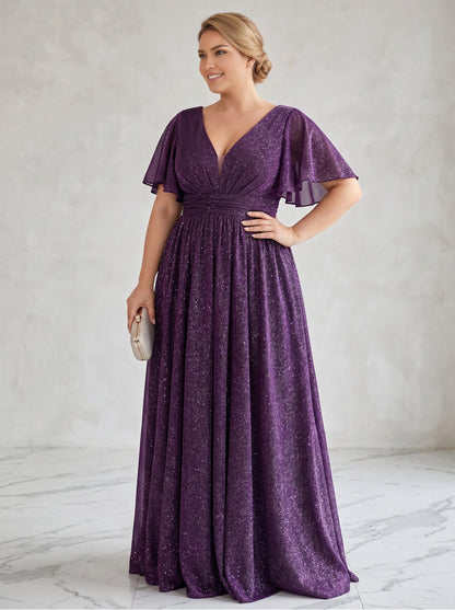 Roselledress dark purple glitter plus size maxi gown front view, deep v flutter sleeve ruched waist mother of the bride dress