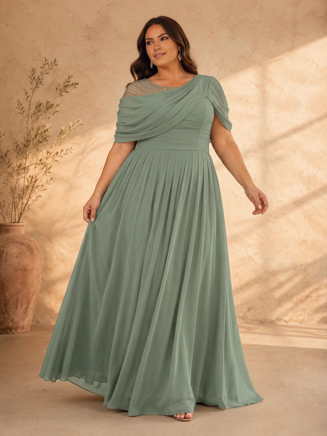 Roselledress sage green plus size mother of the bride dress front view, draped asymmetrical beaded chiffon formal gown