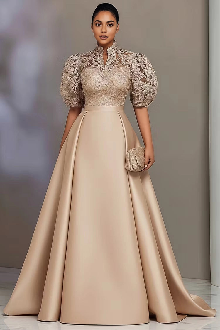 Roselledress champagne lace satin evening gown high neck puff sleeve a-line formal dress with pockets front view