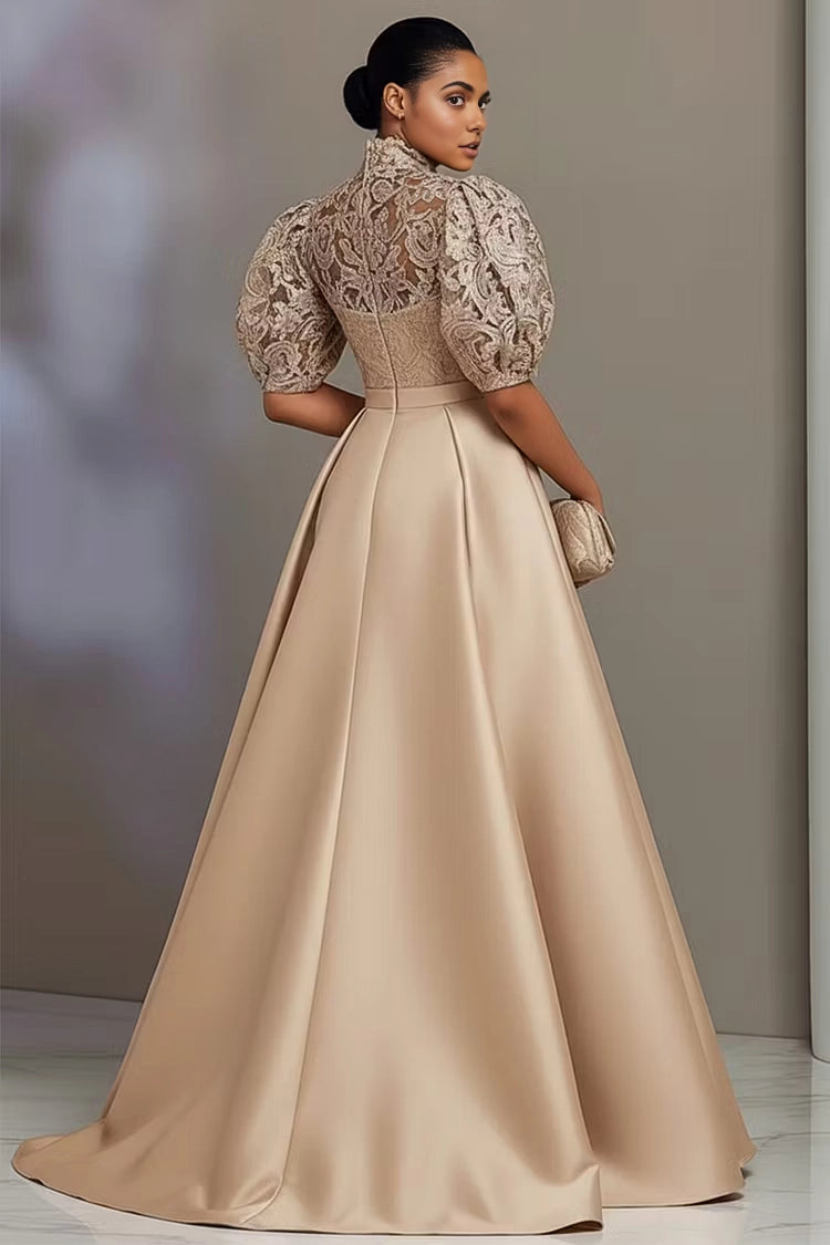 Roselledress nude lace illusion back gown high neck puff sleeve zipper satin mother of bride dress back view