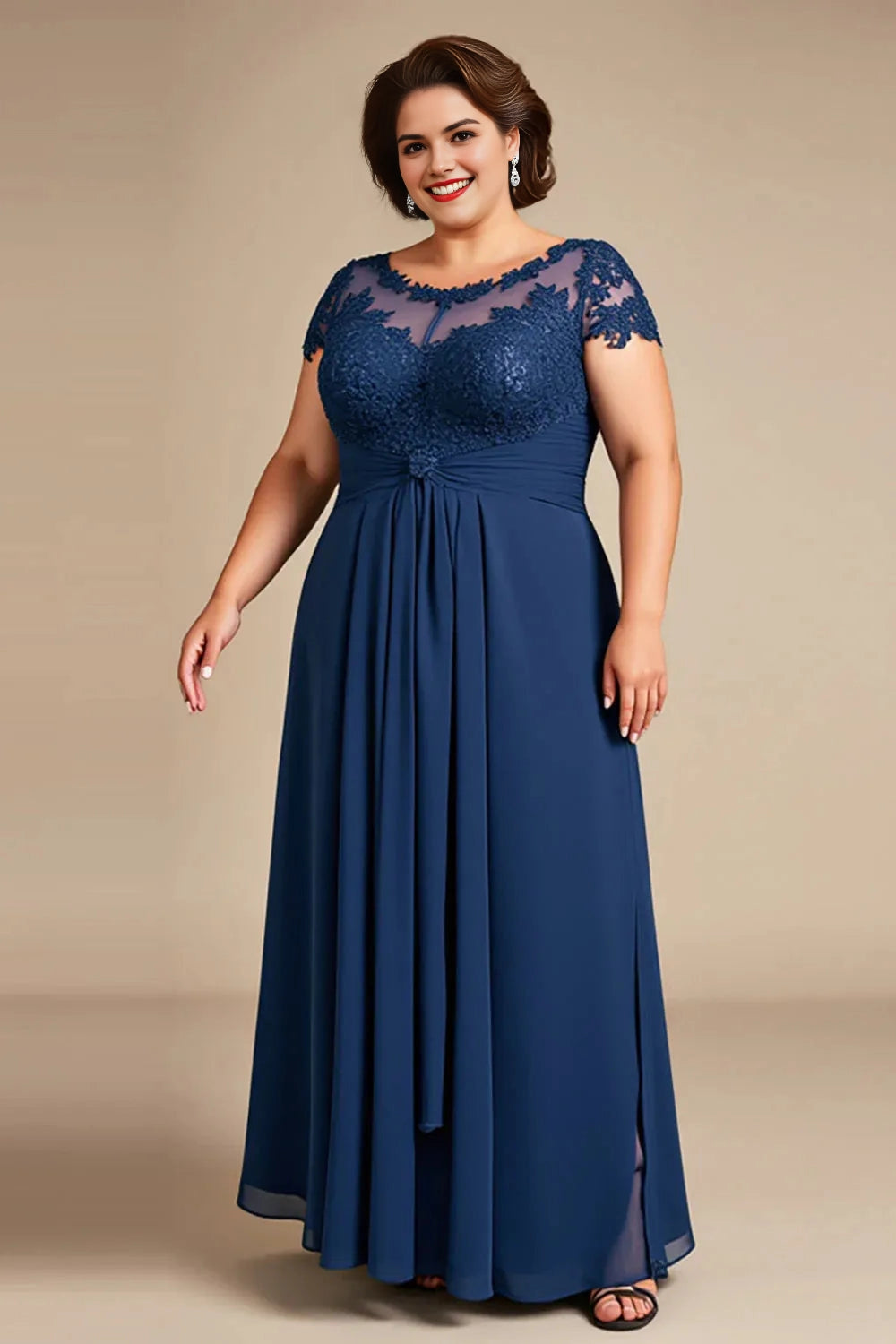 Roselledress navy blue lace chiffon plus size mother of the bride dress front view,illusion neck cap sleeve formal gown with side slit