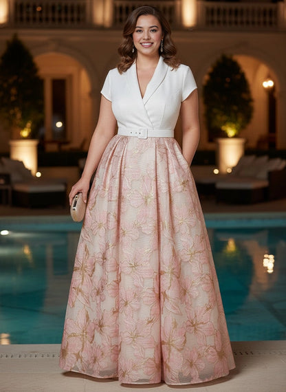 Roselledress plus size mother of bride dress lapel v neck short sleeve floral embroidery a line gown with pockets front view