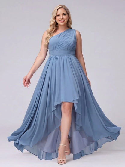Roselledress dusty blue plus size bridesmaid dress one shoulder ruched bodice chiffon high low gown front view