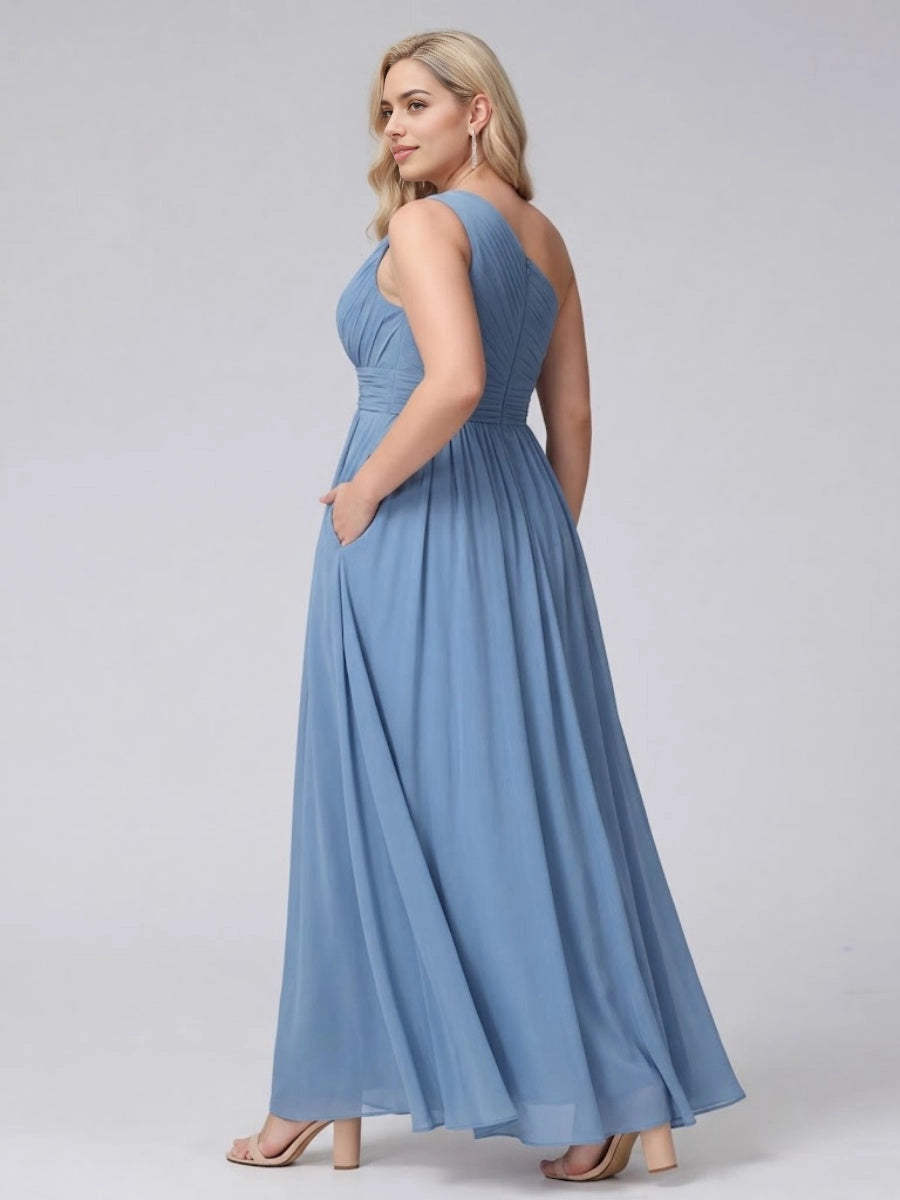 Roselledress slate blue plus size high low formal dress one shoulder back hidden pockets wedding guest dress back view