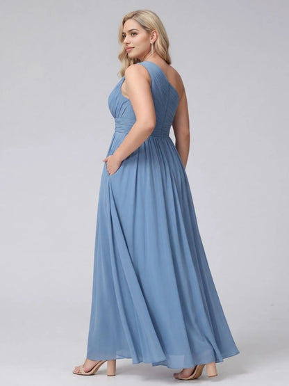 Roselledress slate blue plus size high low formal dress one shoulder back hidden pockets wedding guest dress back view