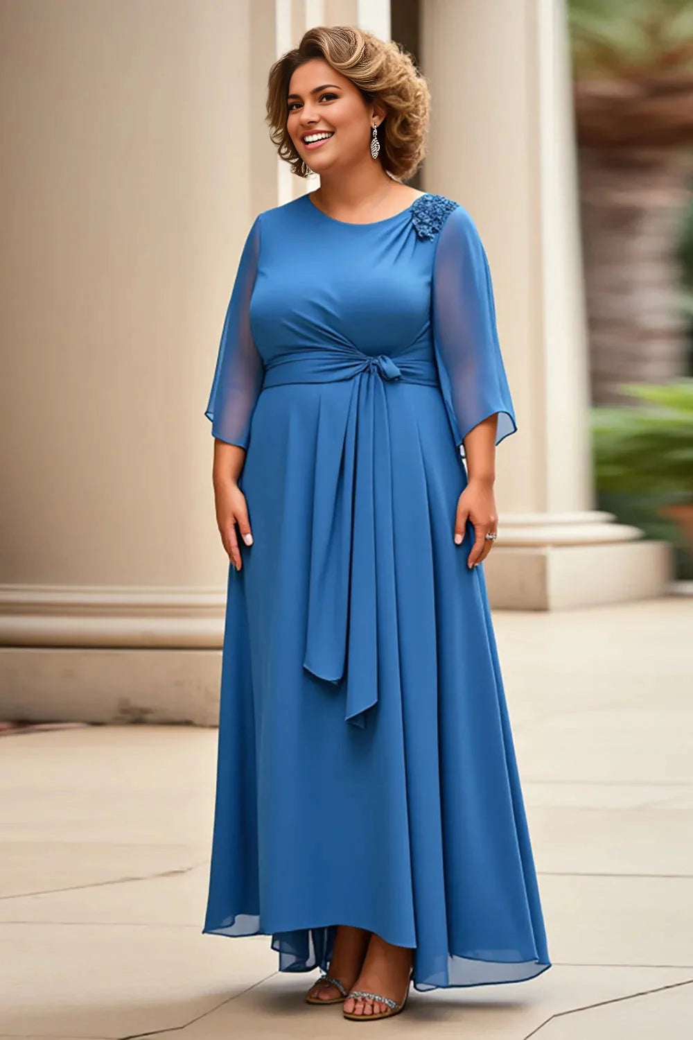 Roselledress plus size blue mother of the bride dress front view,round neck 3/4 sheer sleeve chiffon a‑line formal gown with waist knot