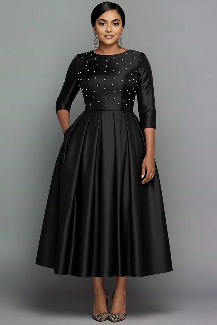 Roselledress black plus size a-line midi dress round neck three quarter sleeve pearl beaded satin formal gown with side pockets front view