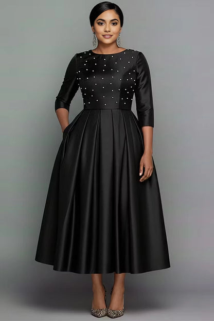 Roselledress black plus size a-line midi dress round neck three quarter sleeve pearl beaded satin formal gown with side pockets front view