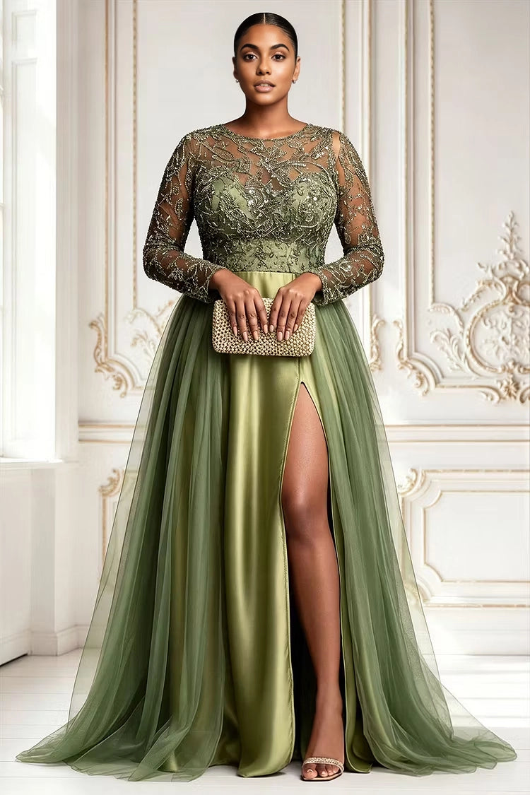 Roselledress olive green plus size evening gown sheer beaded long sleeve tulle overlay satin high slit formal dress front view