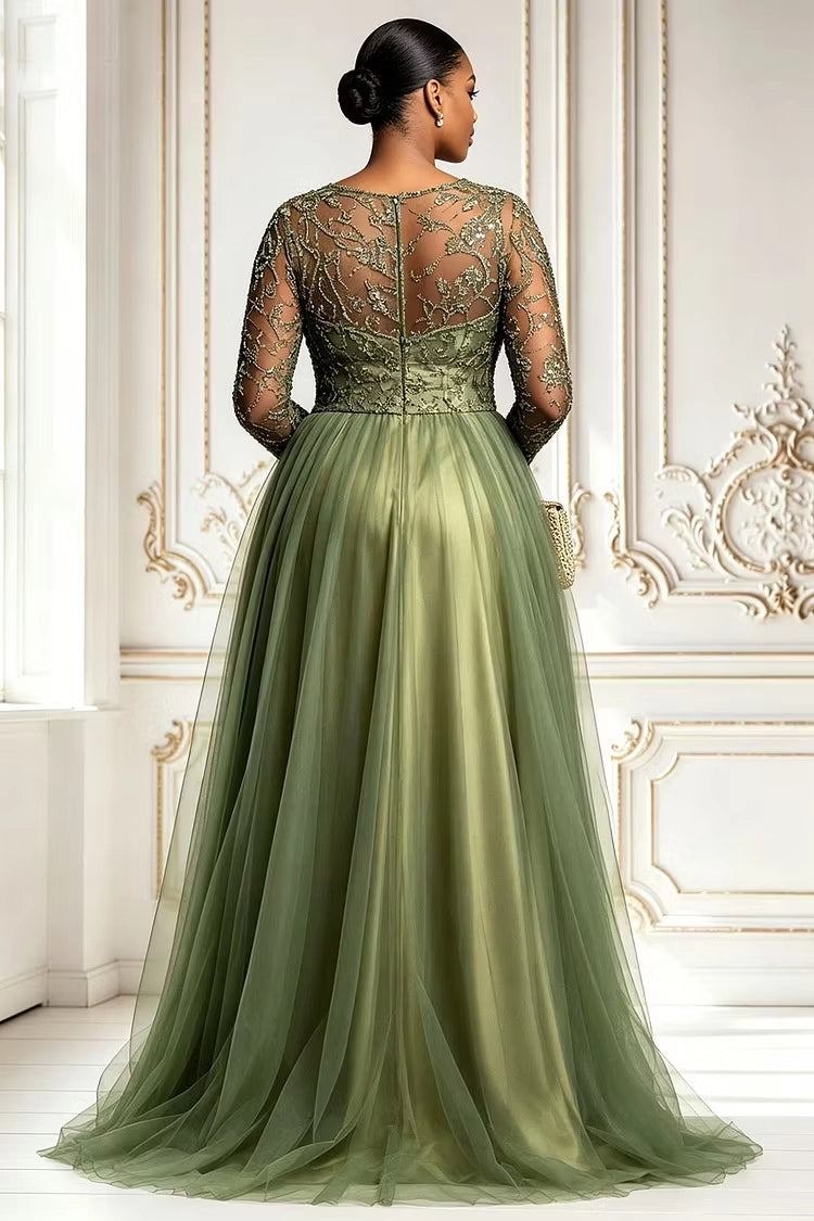 Roselledress sage a-line gown beaded illusion back zipper plus size tulle train mother of bride dress back view

