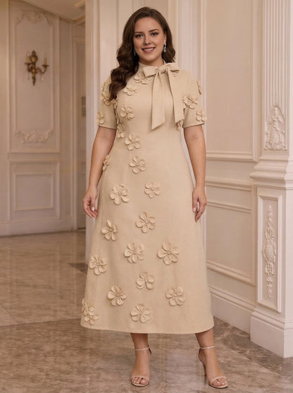 Roselledress beige plus size mother of the bride dress front view, tie neck short sleeve a-line midi gown decorated with 3D floral appliques