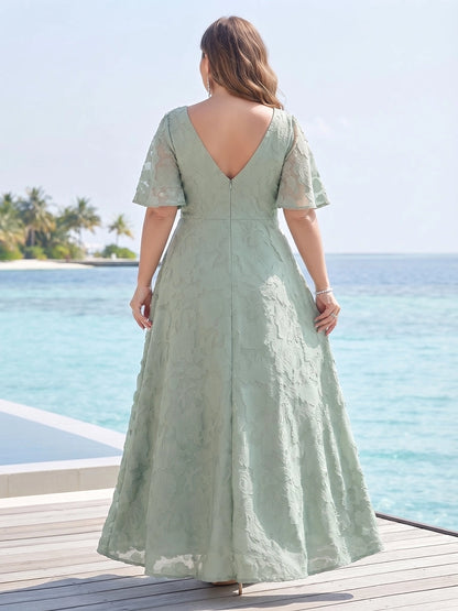 Roselledress sage green a-line bridesmaid dress back view, v-back zipper closure flutter sleeve plus size formal wedding guest dress