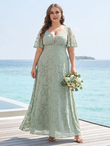 Roselledress sage green plus size bridesmaid dress front view, deep v neck flutter sleeve textured fabric a-line long gown for beach wedding