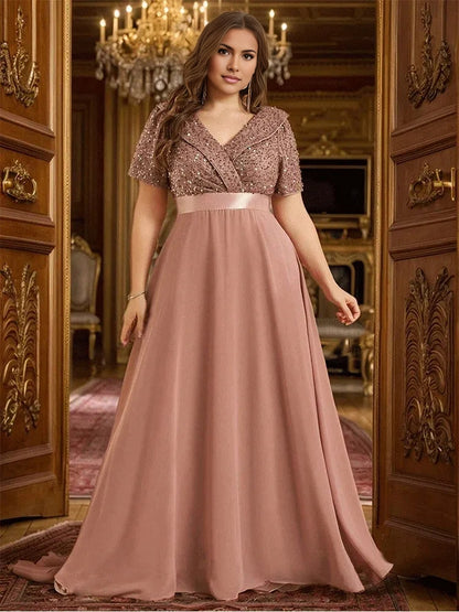 Roselledress plus size dusty rose mother of the bride dress front view,sequin short sleeve v‑neck a‑line long formal gown