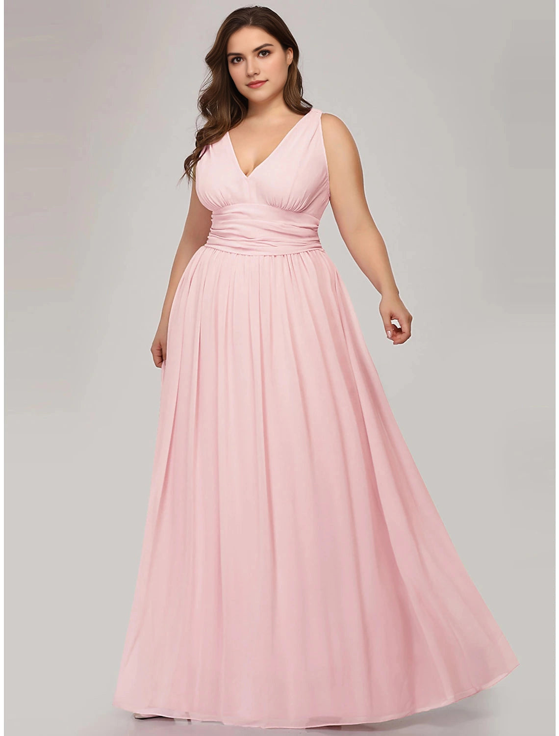 Roselledress blush chiffon plus size bridesmaid dress front view,sleeveless v‑neck a‑line gown with ruched waist