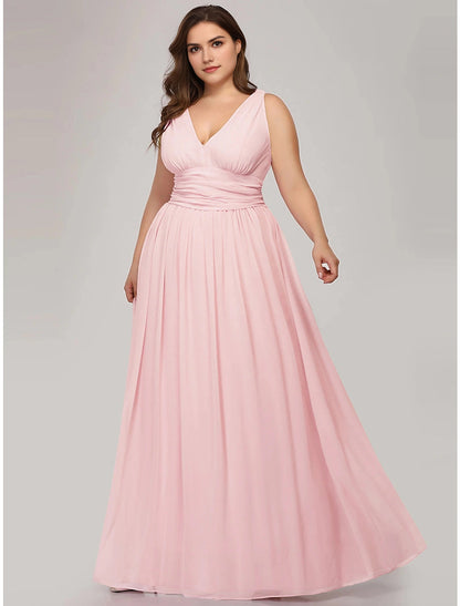 Roselledress blush chiffon plus size bridesmaid dress front view,sleeveless v‑neck a‑line gown with ruched waist