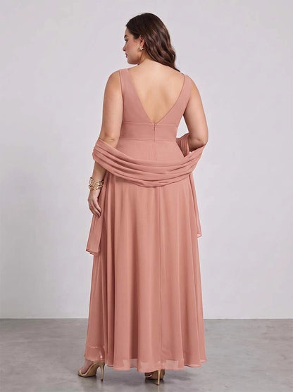 Roselledress coral bridesmaid dress back view, deep v-back zipper closure plus size formal hi-low wedding guest dress
