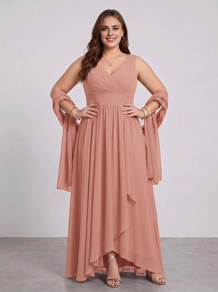 Roselledress coral chiffon plus size bridesmaid dress front view, sleeveless v-neck hi-low gown matched with matching chiffon shawl
